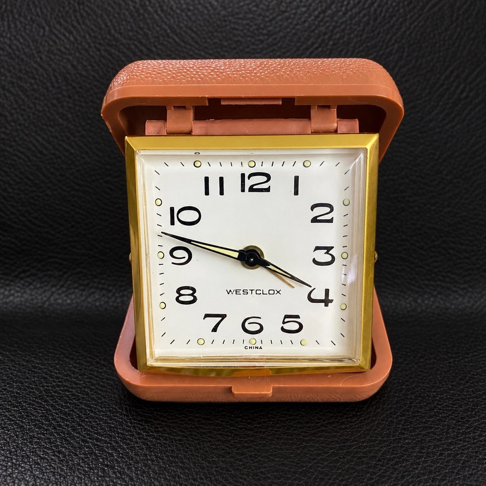 Vintage Westclox Travel Alarm Clock Wind Up 70s Tan Case Gold Tone Square Face